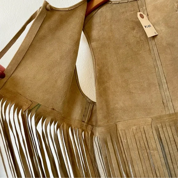 Vintage Suede Leather Long Fringe Vest Taupe Camel Boho Layering Piece NWT - Picture 6 of 16
